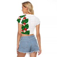 Hawaiian Taro Leaves-Hibiscus and Plumeria Raglan Cropped T Shirt Polynesian Art-Kakau Tattoo White LT03 - Polynesian Pride