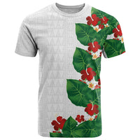 Hawaiian Taro Leaves-Hibiscus and Plumeria T Shirt Polynesian Art-Kakau Tattoo White