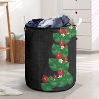 Hawaiian Taro Leaves-Hibiscus and Plumeria Laundry Basket Polynesian Art-Kakau Tattoo Black