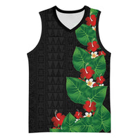 Hawaiian Taro Leaves-Hibiscus and Plumeria Basketball Jersey Polynesian Art-Kakau Tattoo Black LT03 Unisex Black - Polynesian Pride