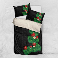 Hawaiian Taro Leaves-Hibiscus and Plumeria Bedding Set Polynesian Art-Kakau Tattoo Black