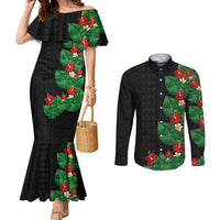 Hawaiian Taro Leaves-Hibiscus and Plumeria Couples Matching Mermaid Dress and Long Sleeve Button Shirt Polynesian Art-Kakau Tattoo Black LT03 Black - Polynesian Pride