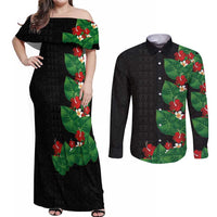 Hawaiian Taro Leaves-Hibiscus and Plumeria Couples Matching Off Shoulder Maxi Dress and Long Sleeve Button Shirt Polynesian Art-Kakau Tattoo Black LT03 Black - Polynesian Pride