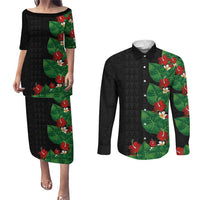 Hawaiian Taro Leaves-Hibiscus and Plumeria Couples Matching Puletasi and Long Sleeve Button Shirt Polynesian Art-Kakau Tattoo Black LT03 Black - Polynesian Pride