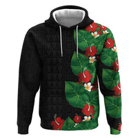 Hawaiian Taro Leaves-Hibiscus and Plumeria Hoodie Polynesian Art-Kakau Tattoo Black LT03 Pullover Hoodie Black - Polynesian Pride