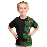 Hawaiian Taro Leaves-Hibiscus and Plumeria Kid T Shirt Polynesian Art-Kakau Tattoo Black LT03 Black - Polynesian Pride