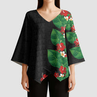 Hawaiian Taro Leaves-Hibiscus and Plumeria Kimono Sleeve Blouse Polynesian Art-Kakau Tattoo Black