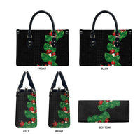 Hawaiian Taro Leaves-Hibiscus and Plumeria Leather Bag Polynesian Art-Kakau Tattoo Black LT03 - Polynesian Pride