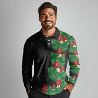 Hawaiian Taro Leaves-Hibiscus and Plumeria Long Sleeve Polo Shirt Polynesian Art-Kakau Tattoo Black LT03 - Polynesian Pride