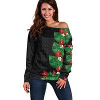 Hawaiian Taro Leaves-Hibiscus and Plumeria Off Shoulder Sweater Polynesian Art-Kakau Tattoo Black