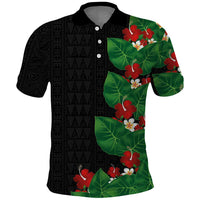 Hawaiian Taro Leaves-Hibiscus and Plumeria Polo Shirt Polynesian Art-Kakau Tattoo Black LT03 Black - Polynesian Pride