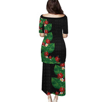 Hawaiian Taro Leaves-Hibiscus and Plumeria Puletasi Polynesian Art-Kakau Tattoo Black