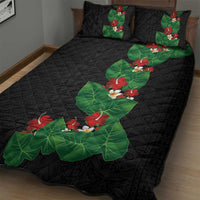 Hawaiian Taro Leaves-Hibiscus and Plumeria Quilt Bed Set Polynesian Art-Kakau Tattoo Black