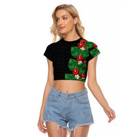 Hawaiian Taro Leaves-Hibiscus and Plumeria Raglan Cropped T Shirt Polynesian Art-Kakau Tattoo Black LT03 Female Black - Polynesian Pride
