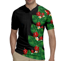 Hawaiian Taro Leaves-Hibiscus and Plumeria Rugby Jersey Polynesian Art-Kakau Tattoo Black