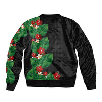 Hawaiian Taro Leaves-Hibiscus and Plumeria Sleeve Zip Bomber Jacket Polynesian Art-Kakau Tattoo Black