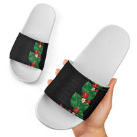 Hawaiian Taro Leaves-Hibiscus and Plumeria Slide Sandals Polynesian Art-Kakau Tattoo Black
