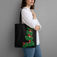 Hawaiian Taro Leaves-Hibiscus and Plumeria Tote Bag Polynesian Art-Kakau Tattoo Black