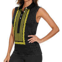 Philippines Polynesian Jasmine Pattern Women Sleeveless Polo Shirt With Barong Tagalog Black Style
