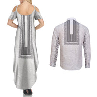 Philippines Polynesian Jasmine Pattern Couples Matching Summer Maxi Dress and Long Sleeve Button Shirt With Barong Tagalog White Style LT03 - Polynesian Pride