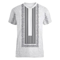 Philippines Polynesian Jasmine Pattern Women V-Neck T-Shirt With Barong Tagalog White Style