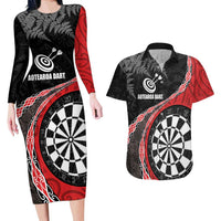 Personalised New Zealand Darts Couples Matching Long Sleeve Bodycon Dress and Hawaiian Shirt Koru Tribal Tattoo and Silver Fern Maori Pattern Red Color LT03 Red - Polynesian Pride