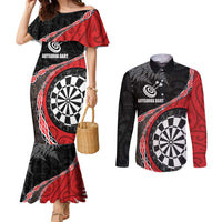 Personalised New Zealand Darts Couples Matching Mermaid Dress and Long Sleeve Button Shirt Koru Tribal Tattoo and Silver Fern Maori Pattern Red Color LT03 Red - Polynesian Pride