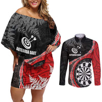 Personalised New Zealand Darts Couples Matching Off Shoulder Short Dress and Long Sleeve Button Shirt Koru Tribal Tattoo and Silver Fern Maori Pattern Red Color LT03 Red - Polynesian Pride