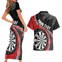 Personalised New Zealand Darts Couples Matching Short Sleeve Bodycon Dress and Hawaiian Shirt Koru Tribal Tattoo and Silver Fern Maori Pattern Red Color LT03 - Polynesian Pride