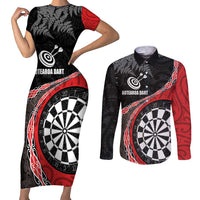 Personalised New Zealand Darts Couples Matching Short Sleeve Bodycon Dress and Long Sleeve Button Shirt Koru Tribal Tattoo and Silver Fern Maori Pattern Red Color LT03 Red - Polynesian Pride