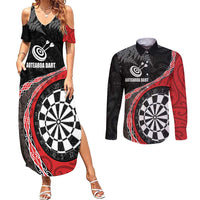 Personalised New Zealand Darts Couples Matching Summer Maxi Dress and Long Sleeve Button Shirt Koru Tribal Tattoo and Silver Fern Maori Pattern Red Color LT03 Red - Polynesian Pride