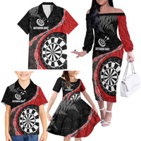 Personalised New Zealand Darts Family Matching Off The Shoulder Long Sleeve Dress and Hawaiian Shirt Koru Tribal Tattoo and Silver Fern Maori Pattern Red Color LT03 - Polynesian Pride