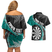 Personalised New Zealand Darts Couples Matching Off Shoulder Short Dress and Hawaiian Shirt Koru Tribal Tattoo and Silver Fern Maori Pattern Teal Color LT03 - Polynesian Pride