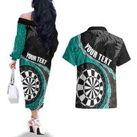 Personalised New Zealand Darts Couples Matching Off The Shoulder Long Sleeve Dress and Hawaiian Shirt Koru Tribal Tattoo and Silver Fern Maori Pattern Teal Color LT03 - Polynesian Pride