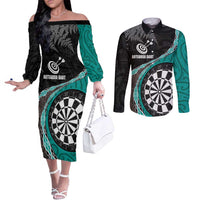 Personalised New Zealand Darts Couples Matching Off The Shoulder Long Sleeve Dress and Long Sleeve Button Shirt Koru Tribal Tattoo and Silver Fern Maori Pattern Teal Color LT03 Teal - Polynesian Pride
