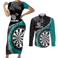 Personalised New Zealand Darts Couples Matching Short Sleeve Bodycon Dress and Long Sleeve Button Shirt Koru Tribal Tattoo and Silver Fern Maori Pattern Teal Color LT03 Teal - Polynesian Pride