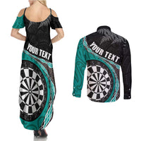 Personalised New Zealand Darts Couples Matching Summer Maxi Dress and Long Sleeve Button Shirt Koru Tribal Tattoo and Silver Fern Maori Pattern Teal Color LT03 - Polynesian Pride