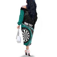 Personalised New Zealand Darts Family Matching Off The Shoulder Long Sleeve Dress and Hawaiian Shirt Koru Tribal Tattoo and Silver Fern Maori Pattern Teal Color LT03 - Polynesian Pride