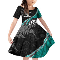 Personalised New Zealand Darts Family Matching Off Shoulder Short Dress and Hawaiian Shirt Koru Tribal Tattoo and Silver Fern Maori Pattern Teal Color LT03 Daughter's Dress Teal - Polynesian Pride