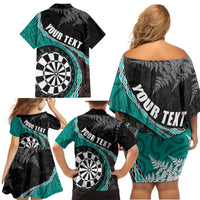 Personalised New Zealand Darts Family Matching Off Shoulder Short Dress and Hawaiian Shirt Koru Tribal Tattoo and Silver Fern Maori Pattern Teal Color LT03 - Polynesian Pride