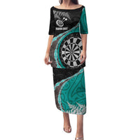 Personalised New Zealand Darts Family Matching Puletasi and Hawaiian Shirt Koru Tribal Tattoo and Silver Fern Maori Pattern Teal Color LT03 Mom's Dress Teal - Polynesian Pride