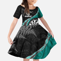 Personalised New Zealand Darts Family Matching Short Sleeve Bodycon Dress and Hawaiian Shirt Koru Tribal Tattoo and Silver Fern Maori Pattern Teal Color LT03 Daughter's Dress Teal - Polynesian Pride