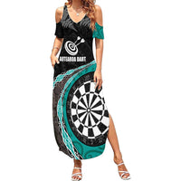 Personalised New Zealand Darts Family Matching Summer Maxi Dress and Hawaiian Shirt Koru Tribal Tattoo and Silver Fern Maori Pattern Teal Color LT03 Mom's Dress Teal - Polynesian Pride
