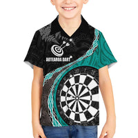 Personalised New Zealand Darts Kid Hawaiian Shirt Koru Tribal Tattoo and Silver Fern Maori Pattern Teal Color LT03 Kid Teal - Polynesian Pride