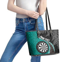 Personalised New Zealand Darts Leather Tote Bag Koru Tribal Tattoo and Silver Fern Maori Pattern Teal Color LT03 - Polynesian Pride