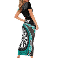Personalised New Zealand Darts Short Sleeve Bodycon Dress Koru Tribal Tattoo and Silver Fern Maori Pattern Teal Color LT03 - Polynesian Pride