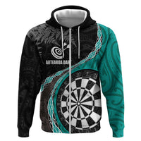 Personalised New Zealand Darts Zip Hoodie Koru Tribal Tattoo and Silver Fern Maori Pattern Teal Color LT03 Zip Hoodie Teal - Polynesian Pride