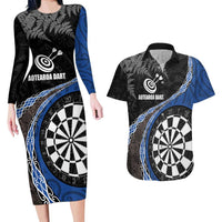 Personalised New Zealand Darts Couples Matching Long Sleeve Bodycon Dress and Hawaiian Shirt Koru Tribal Tattoo and Silver Fern Maori Pattern Blue Color LT03 Blue - Polynesian Pride