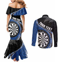 Personalised New Zealand Darts Couples Matching Mermaid Dress and Long Sleeve Button Shirt Koru Tribal Tattoo and Silver Fern Maori Pattern Blue Color LT03 - Polynesian Pride