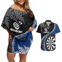 Personalised New Zealand Darts Couples Matching Off Shoulder Short Dress and Hawaiian Shirt Koru Tribal Tattoo and Silver Fern Maori Pattern Blue Color LT03 Blue - Polynesian Pride